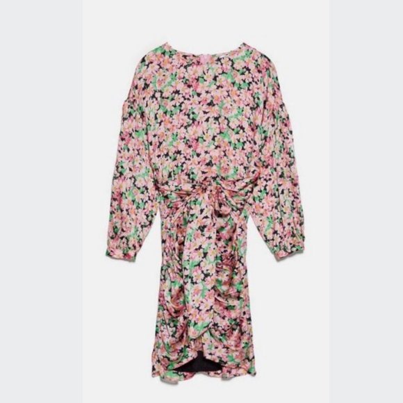 BLOGGER'S FAVE! Printed Floral Draped Mini Dress Pink Green Black Sz XS NWT - Picture 14 of 14